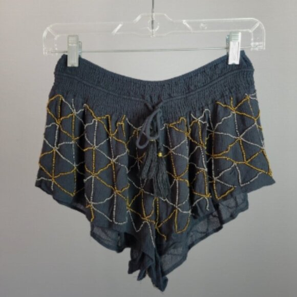 AMUSE SOCIETY // flowy relaxed elastic tie waist silver & bronze beaded Shorts - Picture 1 of 15
